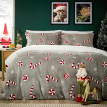 (Grey, King) Teddy Fleece Candy Cane Duvet Cover Set – Soft, Fluffy & Thermal Winter Bedding in Pink and Grey