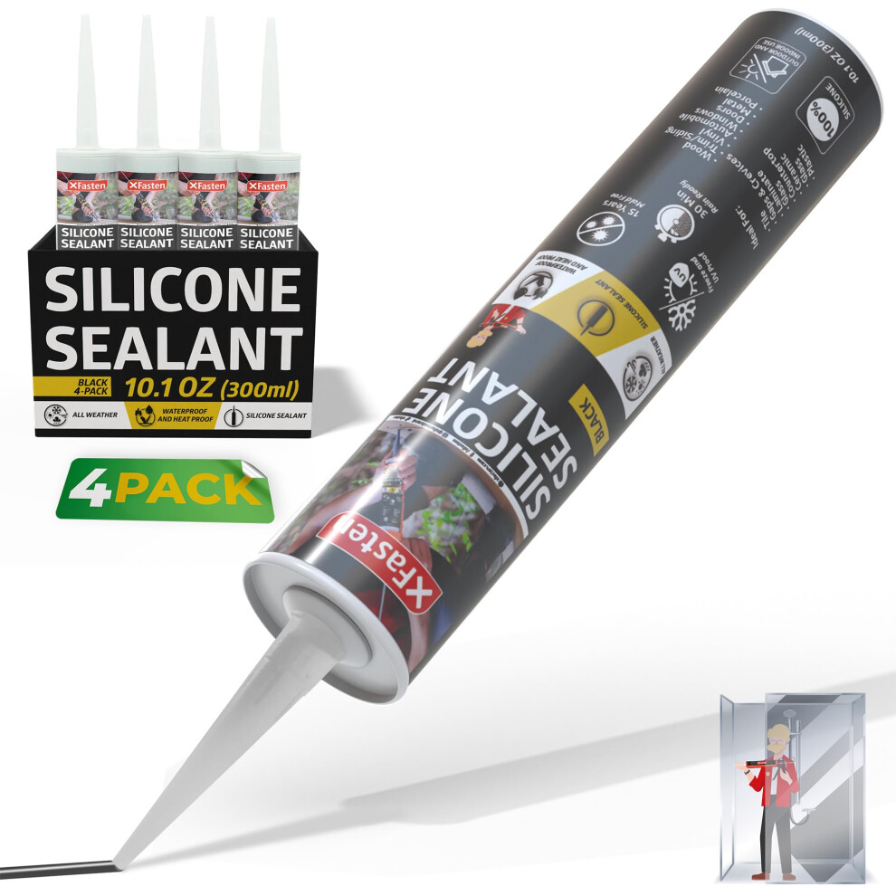 Xfasten Silicone Sealant Waterproof Black Cartridge, 10.1 Oz (4-Pack) Black Caulking Silicone Adhesive Sealant Cartridge For Rv, General Use, Window, 46008831