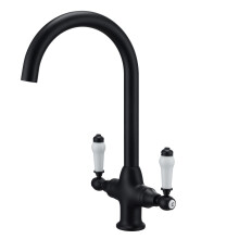 Kitchen Mixer Tap Sink Faucet with White Ceramic Dual Lever, Matte Black Traditional Kitchen Sink Tap Victorian Style 360 Swivel Spout, Swan Neck Mono