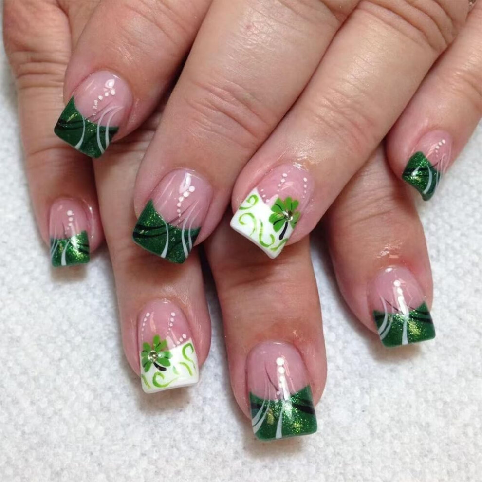 Green St Patrick's Day Press On Nails Shamrock Design French Square Acrylic Fake Nails