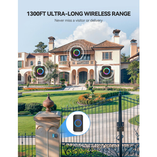 TeckNet TECKNET Wireless Doorbell with 3 Receivers,400M/1300ft Wireless Range,Black 2