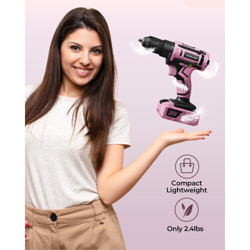 Pink Cordless Drill Set, 20V Electric Drill for Wo 1