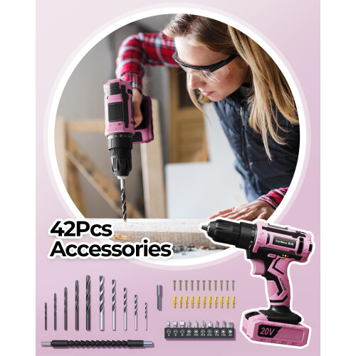 Pink Cordless Drill Set, 20V Electric Drill for Wo 2