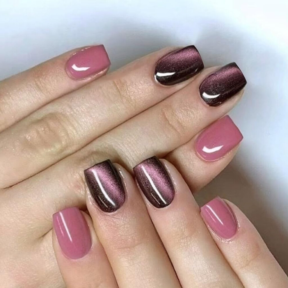 24pcs Short Cats Eye Glossy Press On Nails Reusable False Nail Set for Party