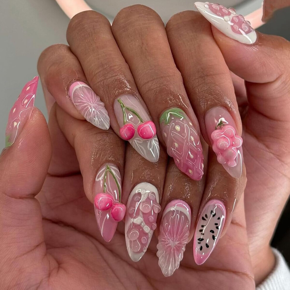 Handmade Short Almond Press On Nails Kit Summer Fake Nails with 3D Cherry Strawberry Design