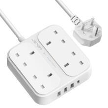 Extension Lead with USB Slots,JSVER 13A 4 Way Surge Protection Multi Plug Power Strip with USB- C and 3 USB Ports Extension Cable with 1.8M Cord