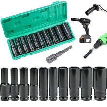 HASERY Deep Socket Set 1/2 inch 10 to 24mm, Extra Long Reach, 11 pcs Impact Driver Hex Bit Sockets, with 1/4 Hex Shank Adapter