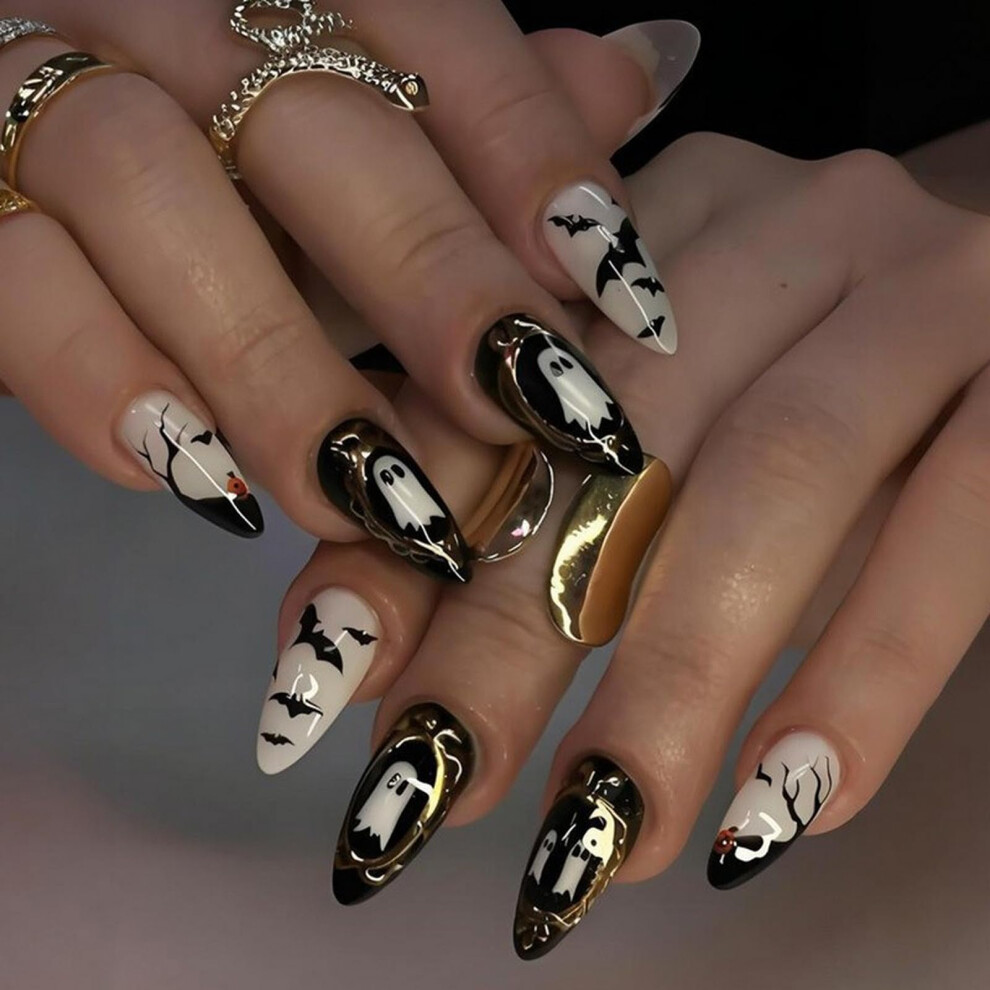 Halloween Almond Press On Nails Black and White Ghost Bat Pumpkin Design Reusable 24PCS Set