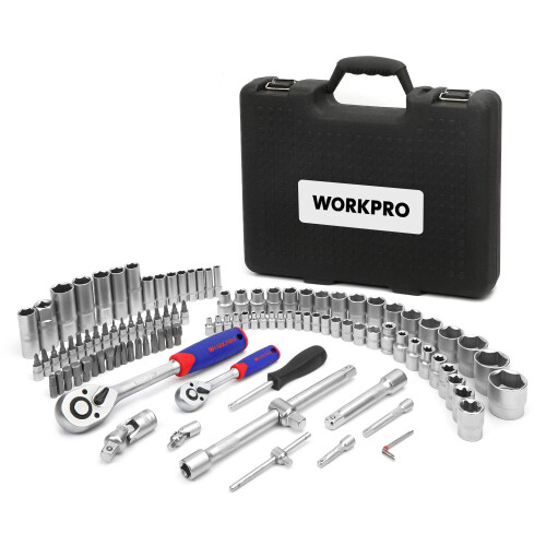 WORKPRO 108-Piece Socket Set, 1/4" & 1/2" Drive Ratchet Kit 1