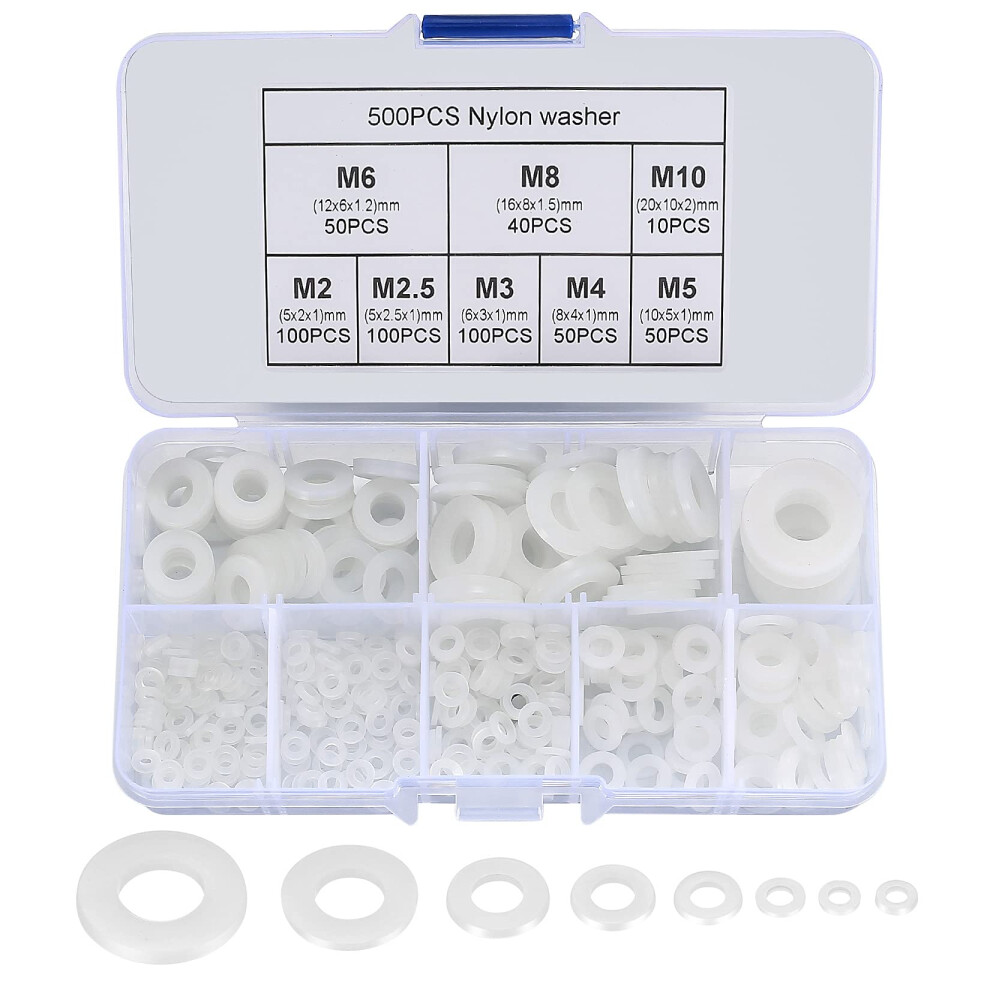 500 Pcs White Nylon Washers, Round Plastic Flat O-Ring Washers Assortment, Faucet Gaskets For Pipes, Faucets, Mechanical Repairs 5051226993213