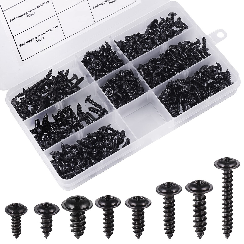 350Pcs Self Tapping Screws, Black Screws Assortment M3 M3.5 M4 M4.8, Carbon Steel Pan Head Screw 5051226637070