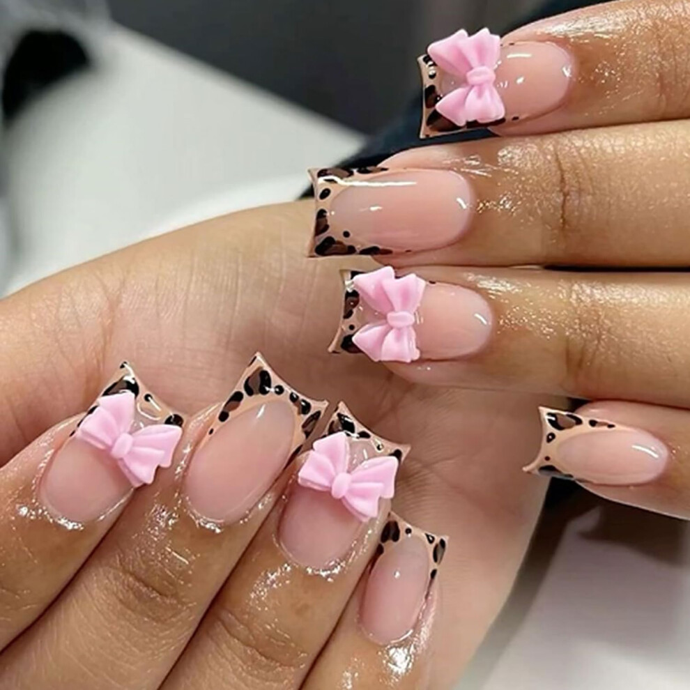 Press on Nails Short Square Fake Nails French Leopard Pink Bow Reusable Acrylic ReadyToWear