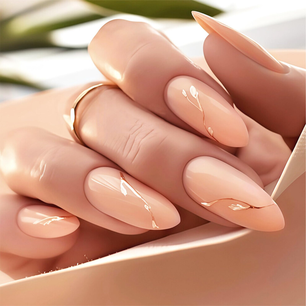 Cream,Gold Gold Leaves Press On Nails 24Pcs Glossy Nude Almond Fake Nails Medium Acrylic Easy Glue Application