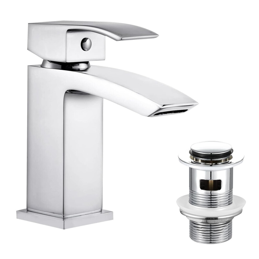 Hapilife Basin Taps Waterfall With Pop Up Waste Slotted Square Bathroom Sink Mixer Tap With G1/2 Uk Standard Hoses Single Lever Mono Monobloc Modern 52910845