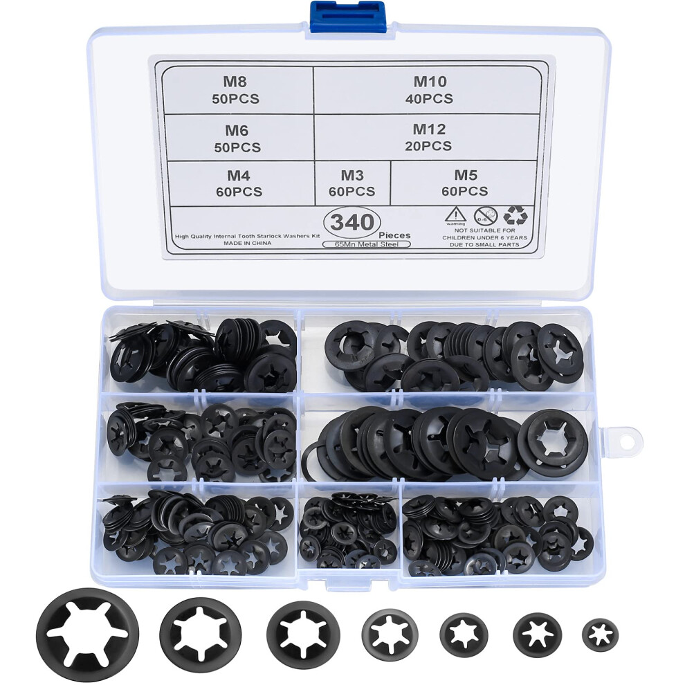 340 Pcs Starlock Washers, Internal Tooth Quick Speed Locking Washer, Push On Speed Clips Fasteners Starlock Washers Assortment Kit - 65Mn, Black, M3/ 4117931436054