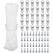 KAXIMON 30M x 2mm Picture Hanging Cord, White Strong Nylon Picture Hanging Wire, Picture Frame Hanging String with 30 D-Ring Hooks and 40 Screws