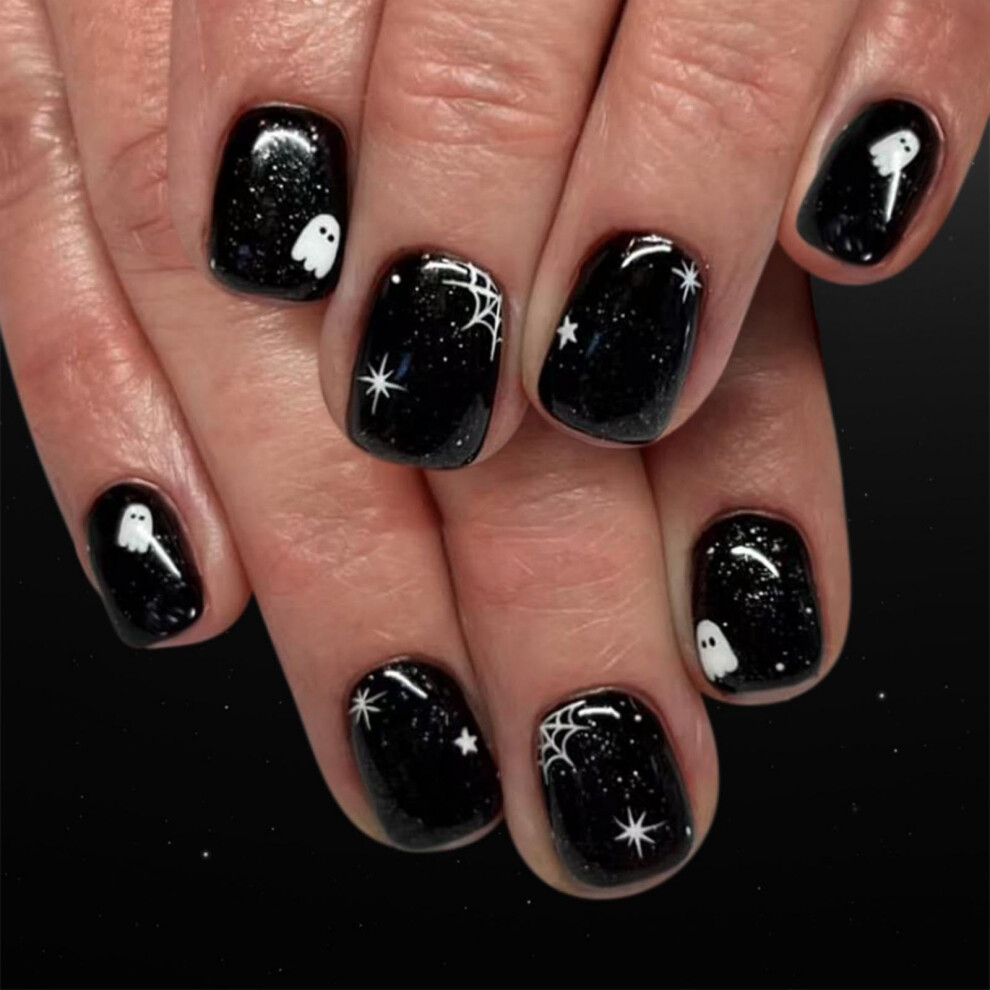 Halloween Press On Nails Short Square Fake Nails with Ghost and Spider Web Design for Women 24Pcs