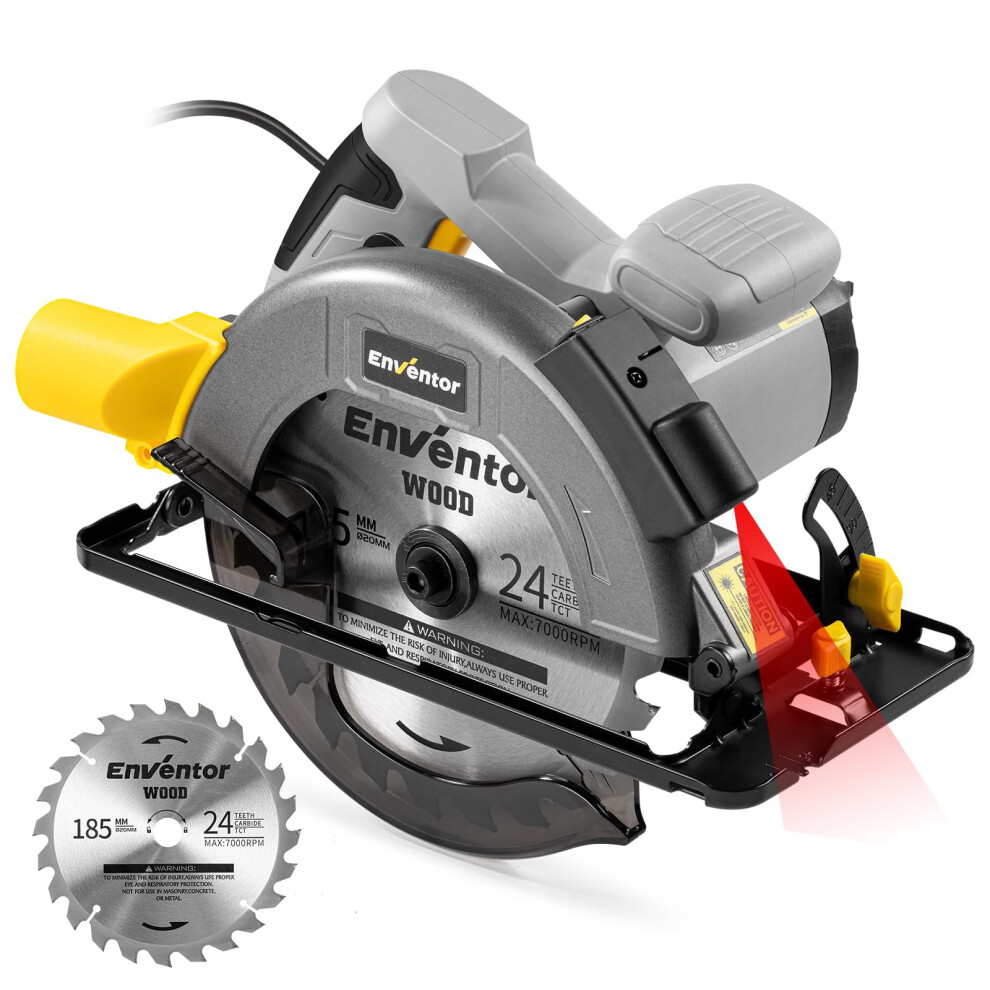 Enventor Circular Saw, 1400W 6000Rpm Electric Circular Saws With Laser Guide, Max Cutting Depth 62Mm (90), 48Mm (45), Saw Blades(185Mm, 24T) 5051226566103