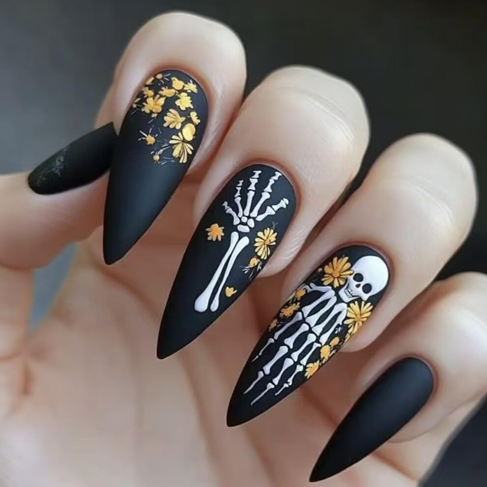 Gold Halloween Press On Nails Almond Shape Fake Nails With Skeleton And Leaf Design 24Pcs