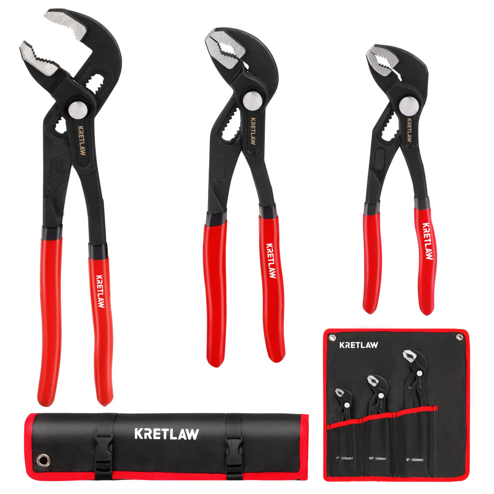Kretlaw 3-Piece Groove Joint Pliers Set (300Mm & 250Mm & 180Mm), Quick-Adjustable Water Pump Pliersï¼Cr-V V-Jaw Tongue And Groove Pliers For Home 5051226900686
