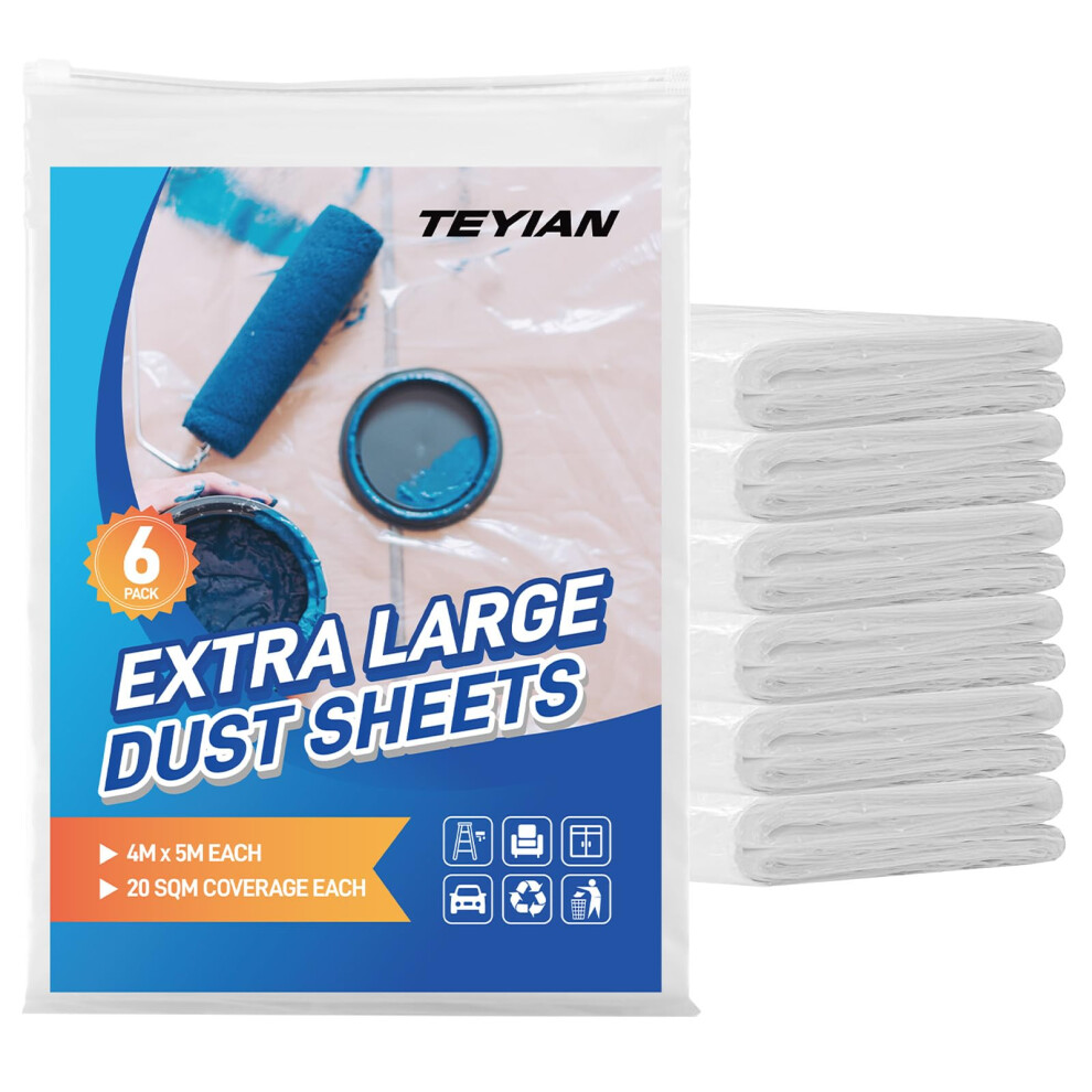 6Pcs 4M X 5M Extra Large Plastic Dust Sheets For Decorating & Painting Clear Waterproof Polythene Sheeting Plastic Sheeting Dust Covers For Painting 5051226932687