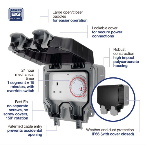 BG Electrical Weatherproof Time Controlled Socket, 13A Outdoor Timer Socket, 24 Hour Mechanical Timer, LED Indicator, IP66 Rated for Year-Round Relia 1