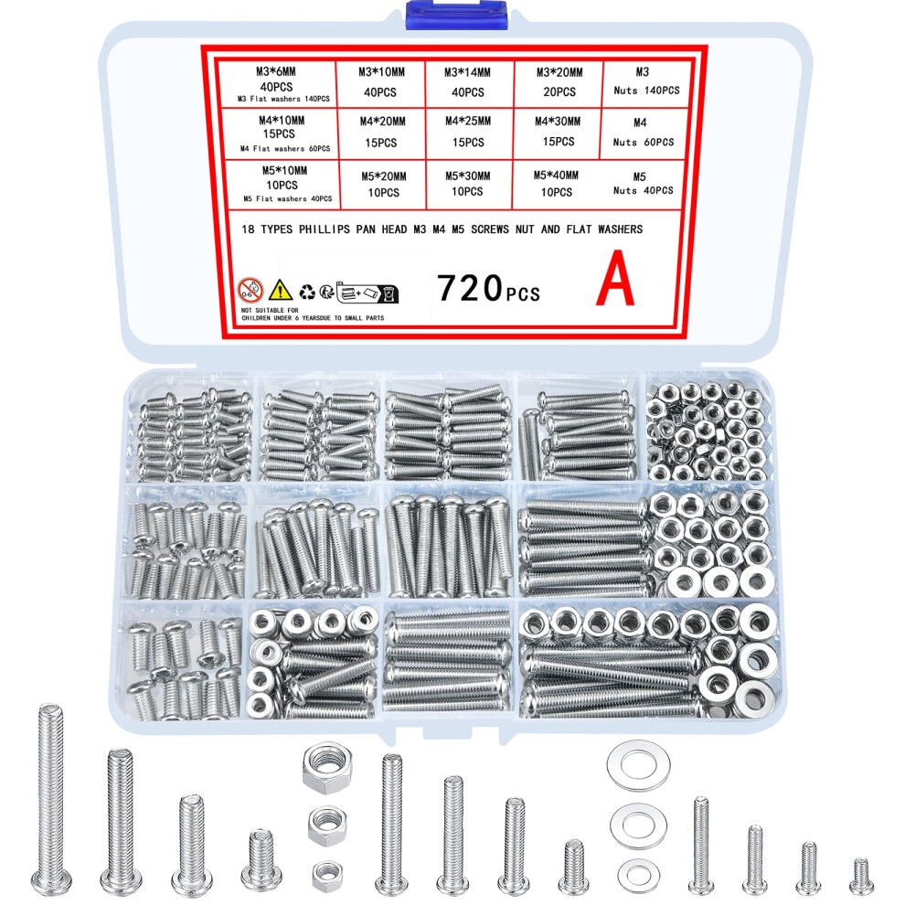 Xiaheipi 720 Pcs M3 M4 M5 Galvanized Screws With Nuts And Washers Assortment Set, Assorted Cross Pan Head Machine Screws Nuts And Bolts Set For Home 37838140