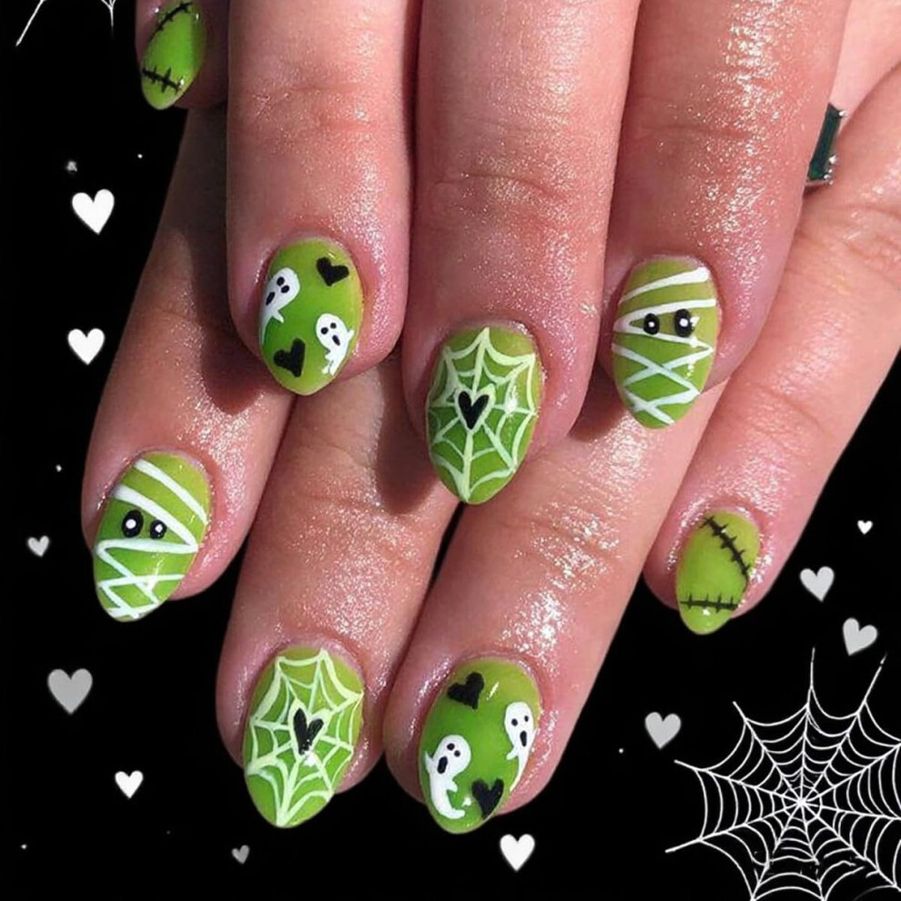 Halloween Press on Nails Short Almond Fake Nails with Ghost and Spider Web Designs Glossy Green 24Pcs Reusable