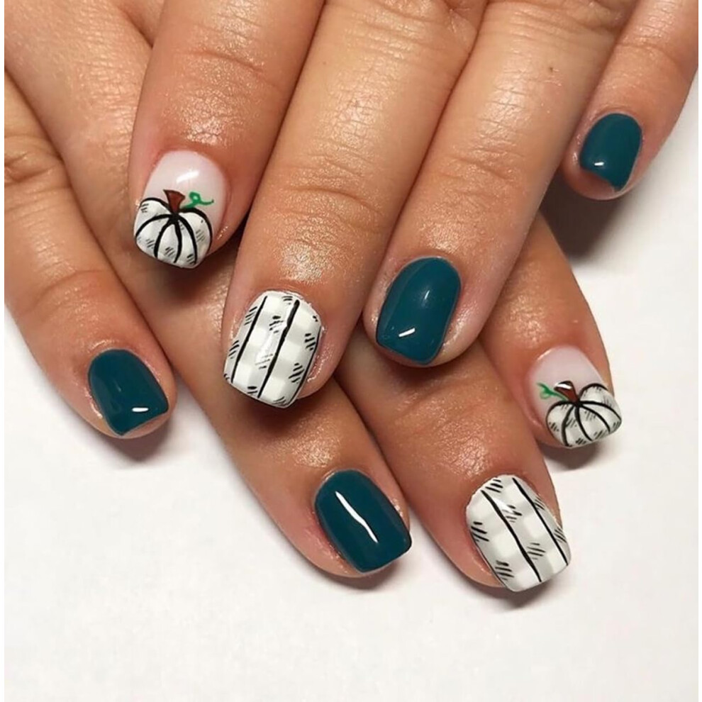 Short Square Press on Nails Dark Green Pumpkin Thanksgiving Acrylic Fake Nails 24pcs Reusable Set