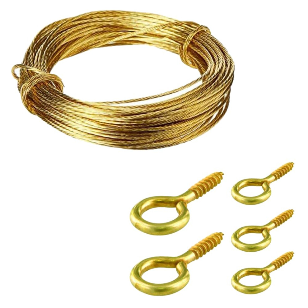 Brass Picture Hanging Wire Cable Cord 3 Meters 20Pcs Eye Screw Hooks 19Mm Brass Plated Hook Eye Bolts Screw-In Hooks With Wall Picture Hanger Wire 5051226591549