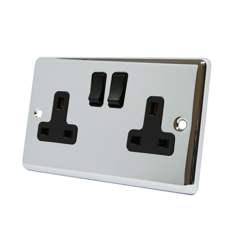 Aet Cpc2gsocbl 13 A 2-Gang Polished Chrome Classical Double Plug Socket With Insert Plastic Rocker Switches Black Alliance Electrical