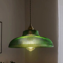 Vintage Industrial Green Ribbed Glass Pendant Light with Brass Socket for Kitchen Island or Dining Room