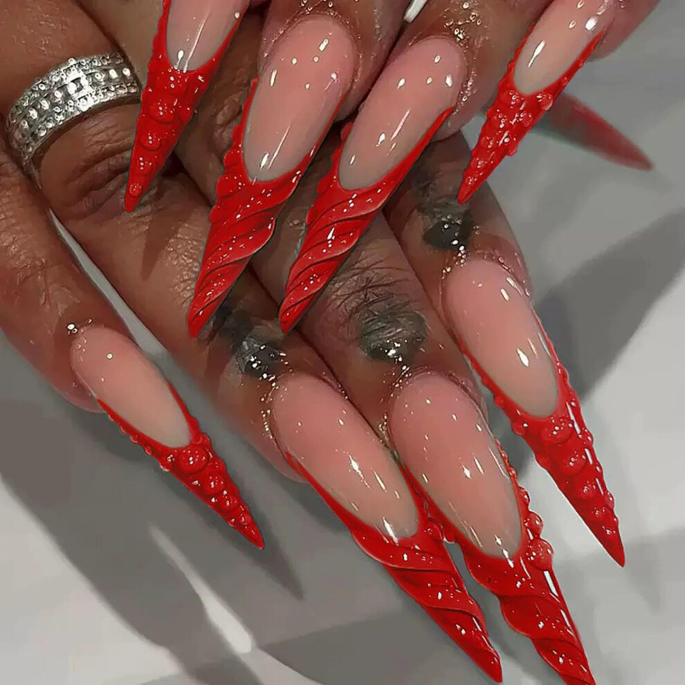 Red Medium Almond Press On Nails 24Pcs Reusable Acrylic False Nails French Tips With Glue Stickers