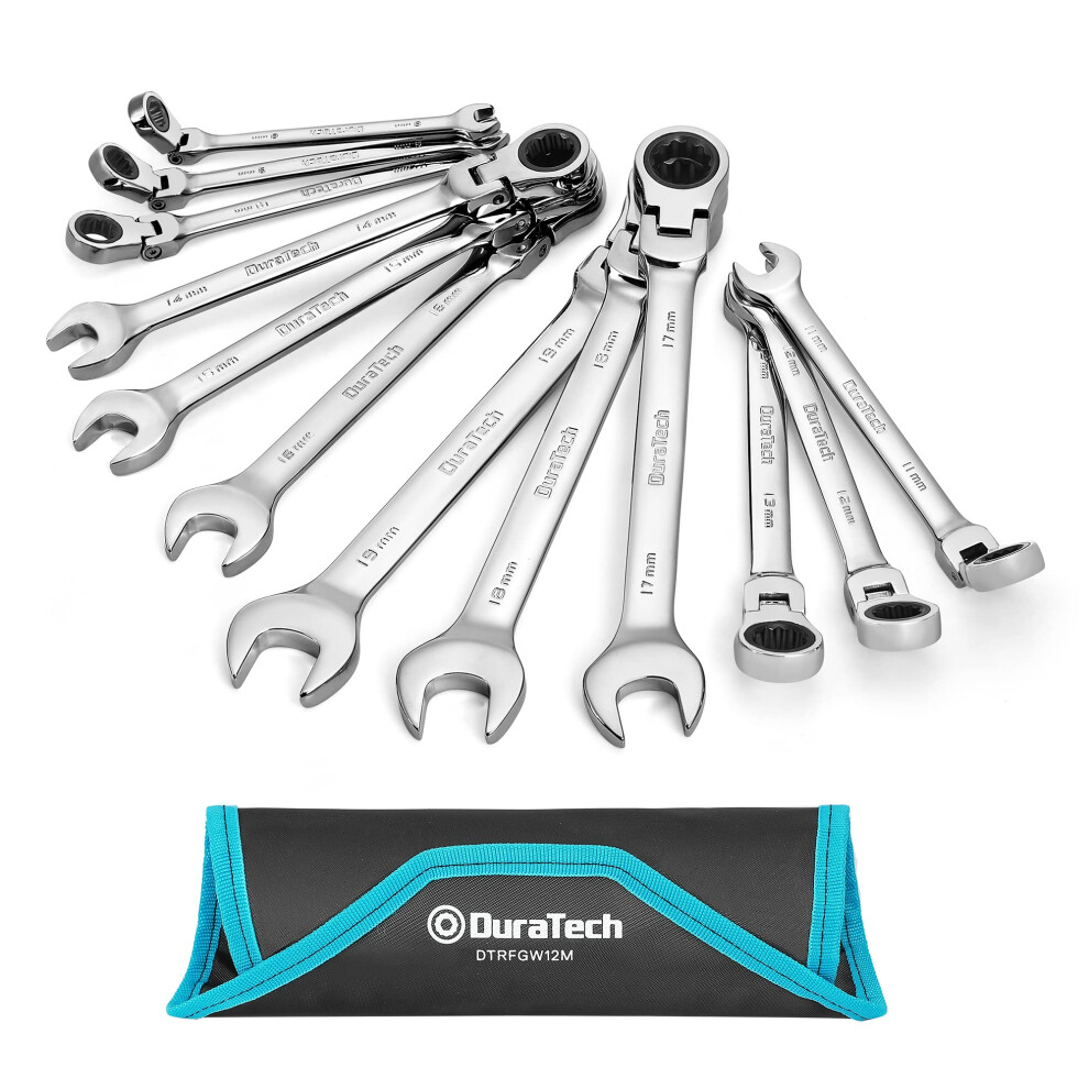 Duratech 12-Piece Flex-Head Ratchet Spanner Set 8-19Mm, Combination Wrench Set With 72 Tooth Ratchet Gear, Chrome Vanadium Steel, Metric 5051226952494