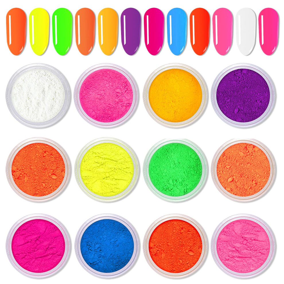 Neon Nail Pigment Powder, 12 Colors Fluorescent Rainbow Set, Ultra Bright for Nail Art and Makeup