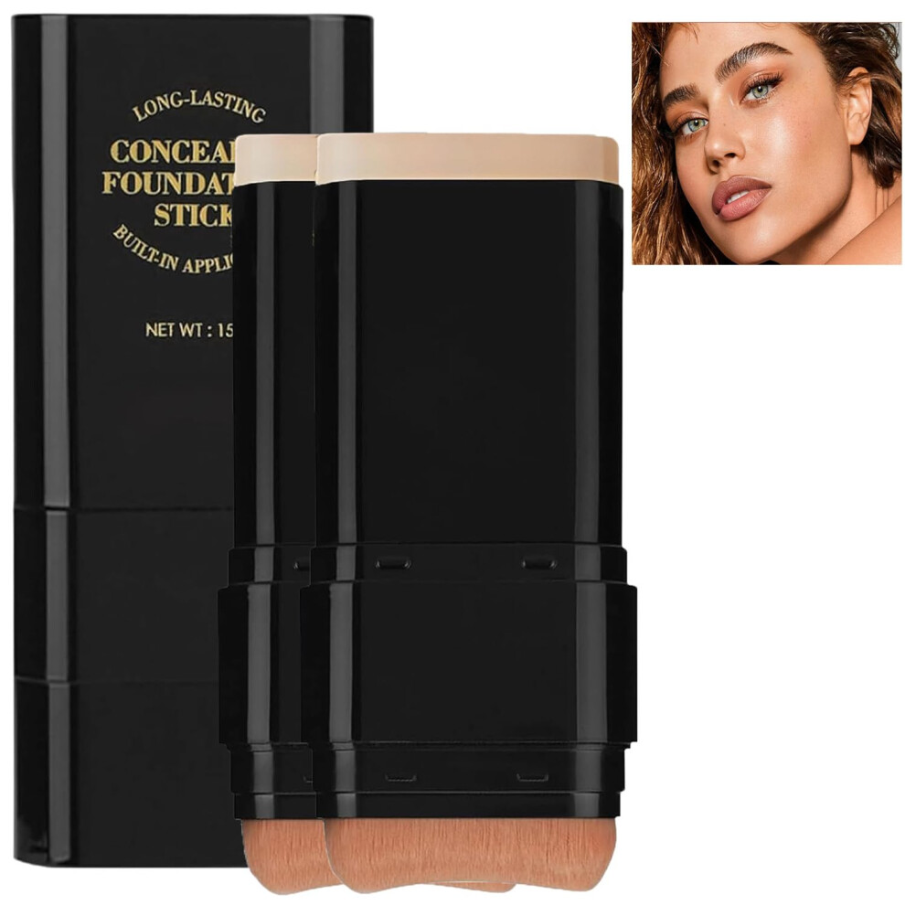 2 Pack Full Coverage Concealer and Foundation Stick with Brush, Waterproof Hydrating Light Skin 03
