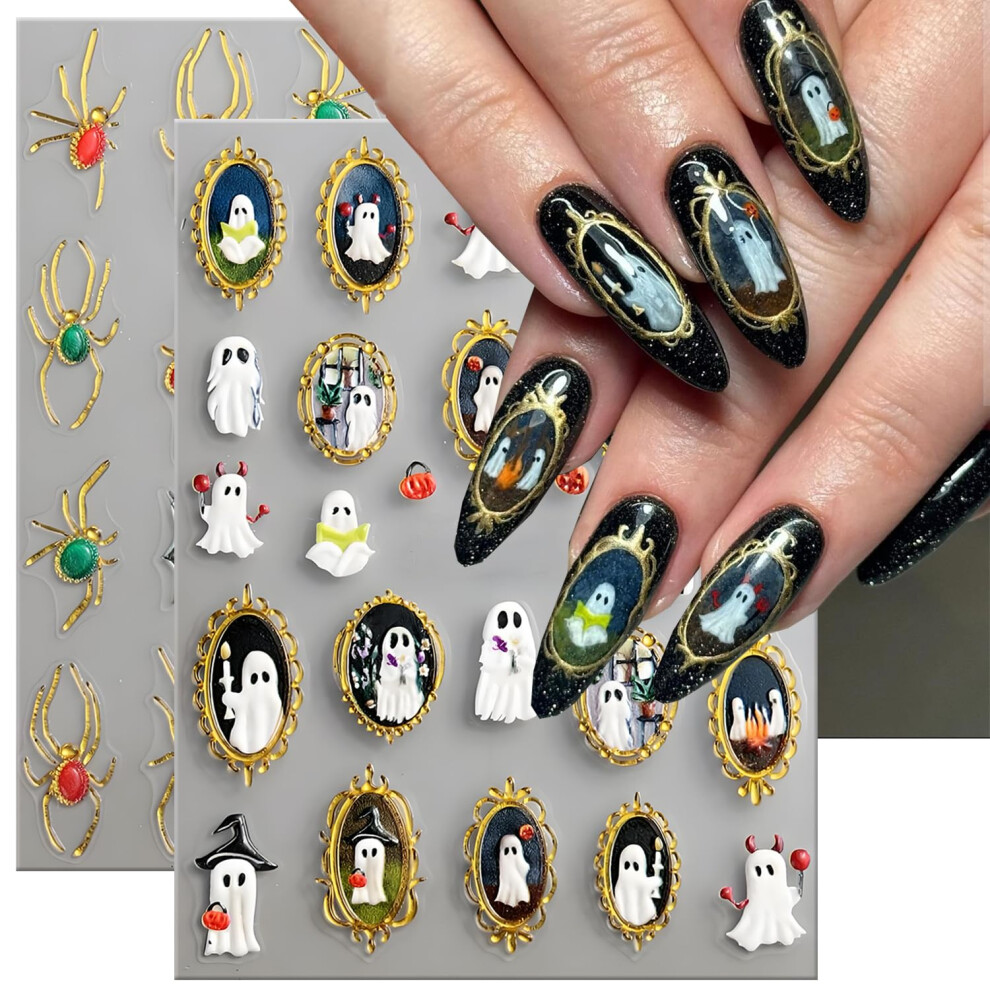 2Pcs Halloween Nail Stickers 5D Embossed Spider Web Pumpkin Ghost Decals for DIY Manicure