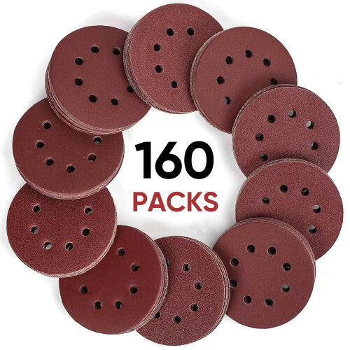 SHALL 160pcs 125mm Sanding Discs, (Hook and Loop 40/60/80/120/180/240/320/400/600 Mixed Grit) 1