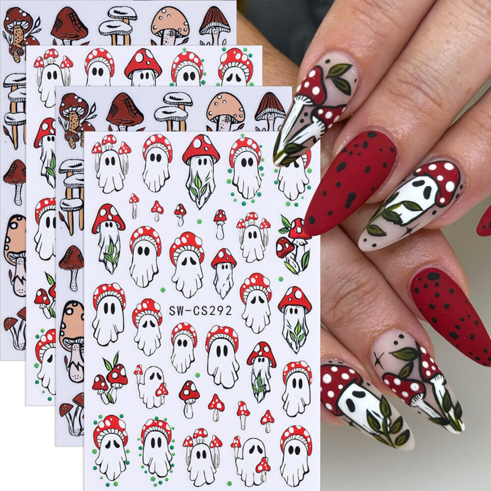 Halloween Mushroom Nail Stickers 3D SelfAdhesive Ghost Nail Decals LongLasting DIY Manicure 4PCS