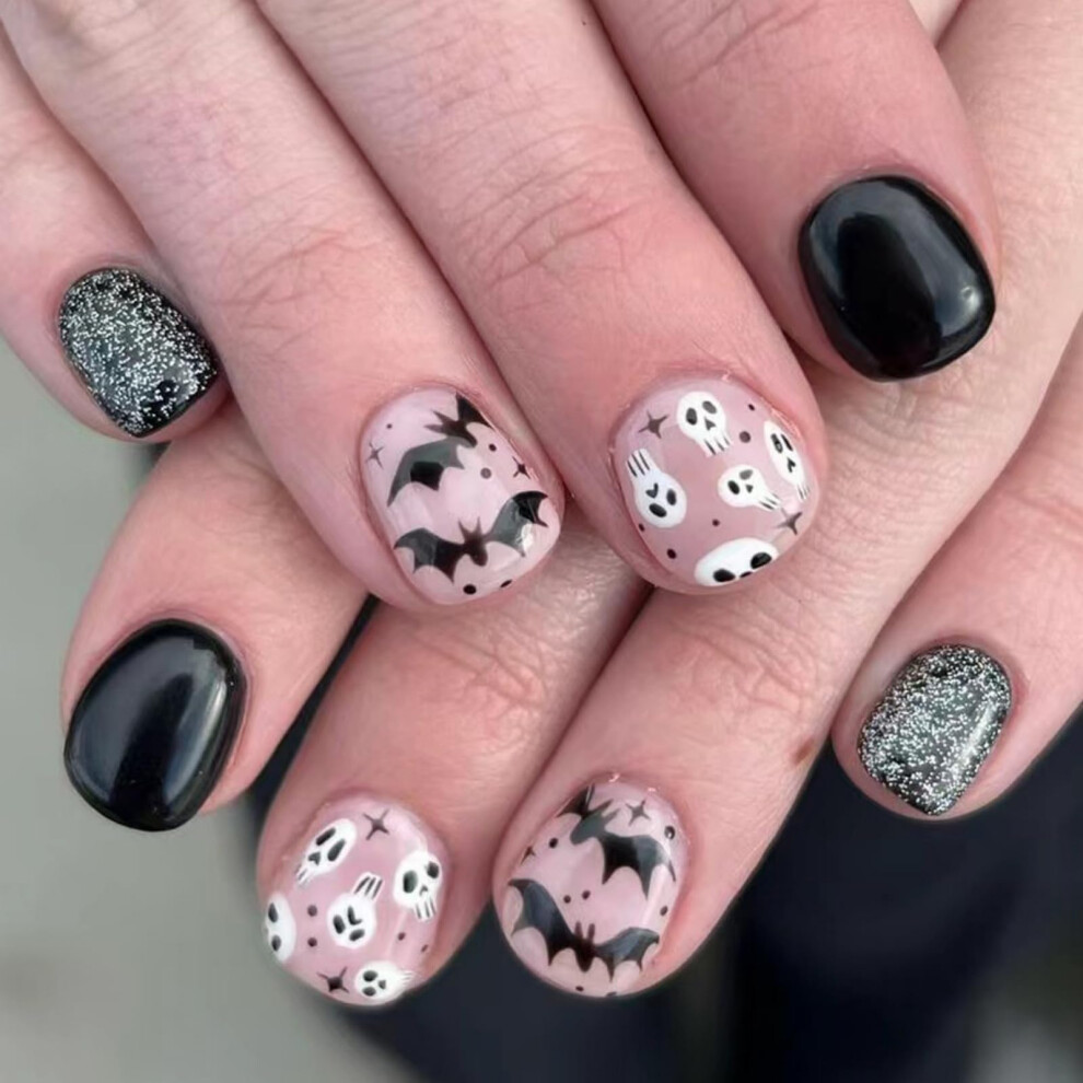 Black Halloween Press On Nails Glitter Bat Skull Short Square Fake Acrylic Set 24Pcs Reusable