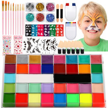 Face Painting Kit 36 Vibrant Colors with UV Glow, Brushes, Glitter, Stencils, Gems for Parties