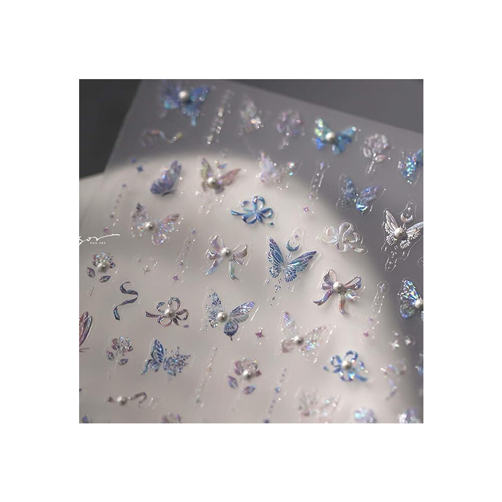 Blue Butterfly Nail Stickers 5D Textured Ombre SelfâAdhesive Decals For Diy Manicure