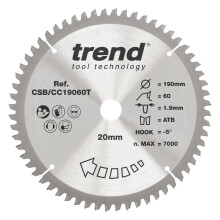 Trend Wood Cordless Mitre Saw Blade, 190mm Diameter, 20mm Bore, 60 Teeth, 1.9mm Kerf, -5 Hook, TCT, Extra-Fine Finish, CSB/CC19060T