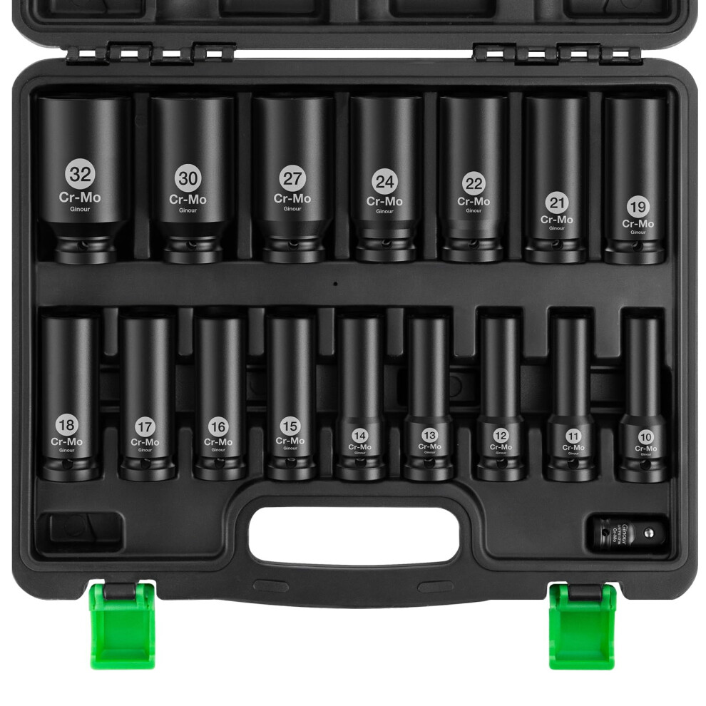 Ginour Impact Socket Set 1/2 Inch, 17Pcs Drive Master Deep Impact Socket Set 10Mm - 32Mm, Metric, Cr-Mo, 6 Point, With 3/8'' To 1/2'' Adapter 5009106148581