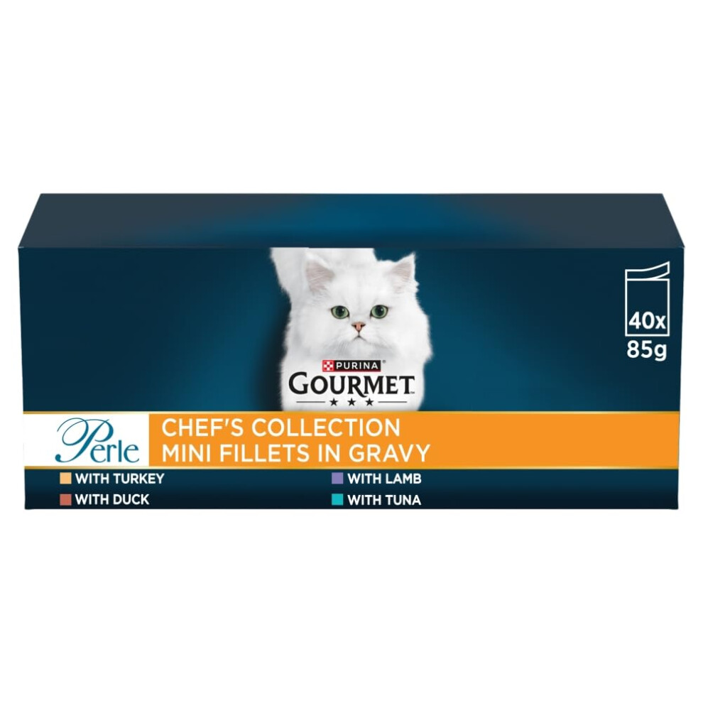 Gourmet Perle Chef's Collection Adult Wet Cat Food Mini Fillets In Gravy Variety Turkey, Tuna, Duck, Lamb 40 X 85G Pouches