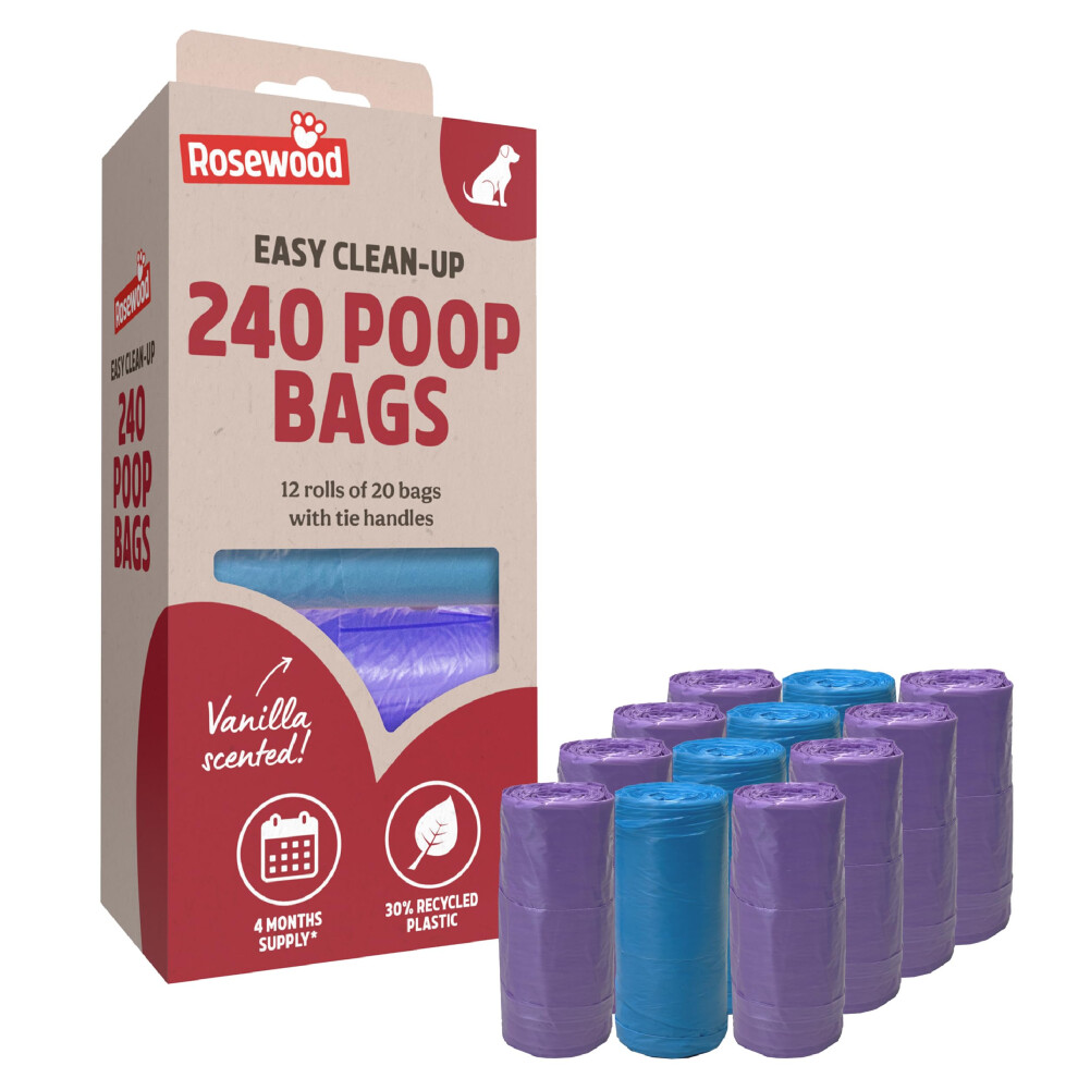 Rosewood Dog Poo Bags With Handles - 240 Easy Clean-Up Poop Bags, 12 Refill Rolls Of Dog Waste Bags With Tie Handles, Vanilla Scented, Made With Recy