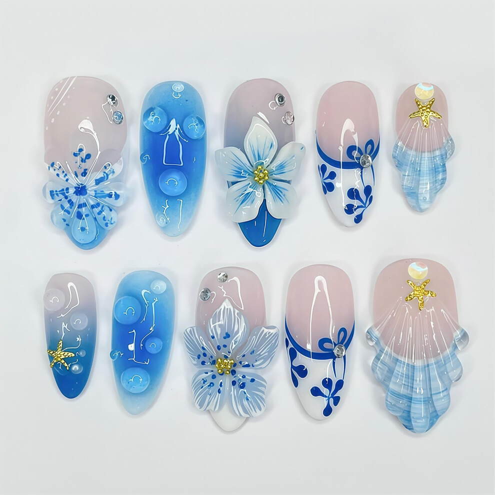 Blue 30Pcs Floral Almond Press On Nails Fake Nails With Starfish Bow Ripple Design Full Cover