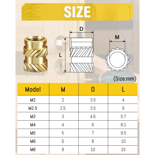Caianwin 50PCS Thread Insert M4 Brass Heat Set Insert for for Plastic and 3D Printing Components - Brass Metric Knurled Nuts 1