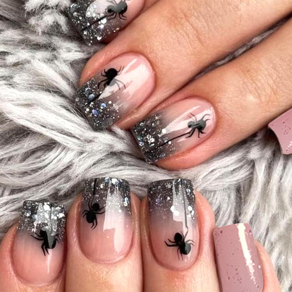 Halloween Press On Nails with Spider French Tips, Short Coffin Fake Acrylic Nails Reusable Set