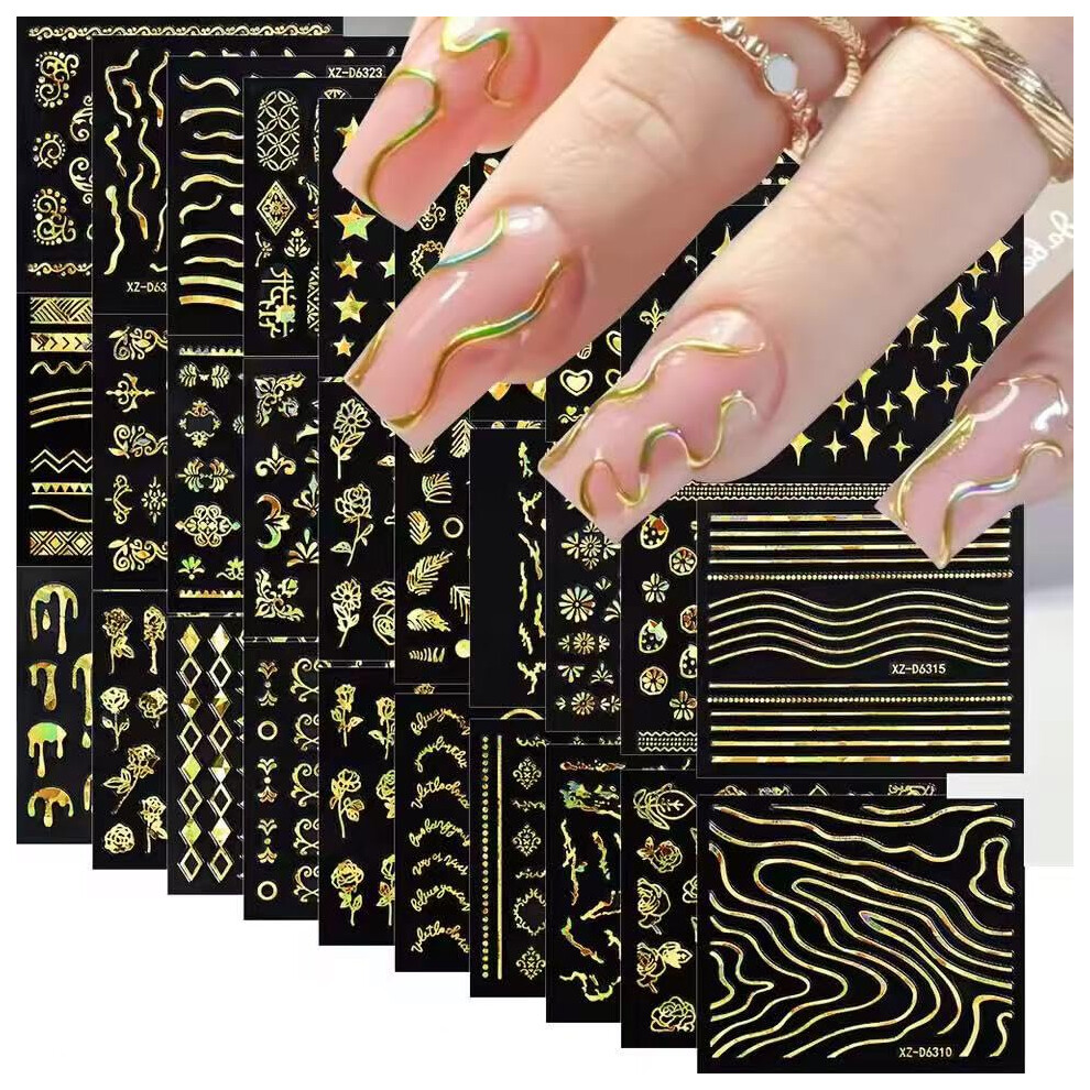 Gold 30 Sheets Nail Art Stickers 3D Selfadhesive Line Decals For Manicure Tips Decoration